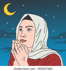 a muslim woman is praying at night filled with moon and stars