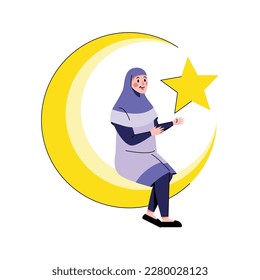  Muslim woman praying at night flat illustration