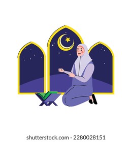  Muslim woman praying at night flat illustration