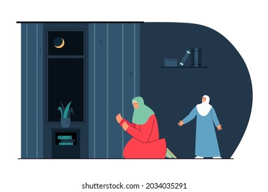 Muslim woman praying on knees in room with daughter at night. Female Arab characters praying to Allah flat vector illustration. Islam, religion, Ramadan concept for website design or landing web page