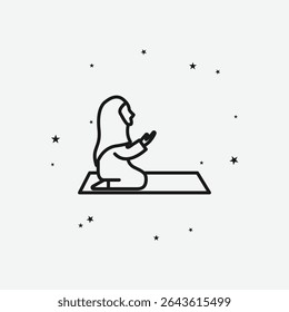 Mulher muçulmana rezando em um tapete com estrelas dispersas, representando a oração ou devoção islâmica, ícone de contorno branco