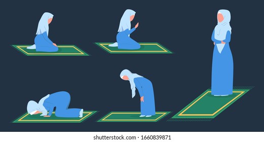 Muslim woman praying position. Woman in traditinal clothes doing a religion ritual step by step. Isolated flat vector illustration