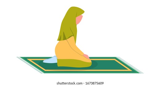 Muslim woman praying position. Woman in traditinal clothes doing a religion ritual. Isolated flat vector illustration