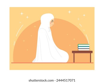 Mujer musulmana rezando en una sala de oración, cultura asiática. Diseño de personajes. Ilustración plana de Vector