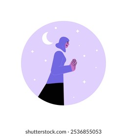 Muslim Woman Praying Under Moon And Stars In Flat Vector Illustration Symbolizing Faith, Serenity, And Spirituality, Isolated On White Background