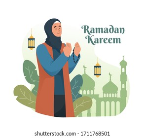 Muslim woman praying while holding rosary beads. Ramadan kareem flat cartoon character illustration