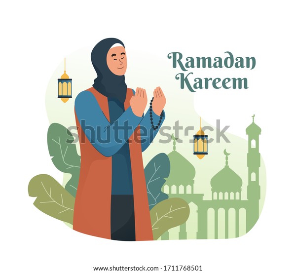 数珠を持って祈るイスラム教徒の女性 ラマダンカリームの平らな漫画のキャラクターイラスト のベクター画像素材 ロイヤリティフリー