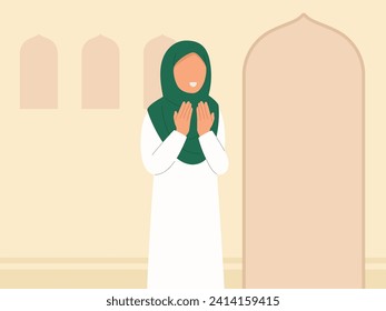 Muslim woman prays before entering the mosque illustration vector design