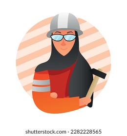 Muslim woman profession flat icon with female builder wearing hardhat and holding hammer vector illustration