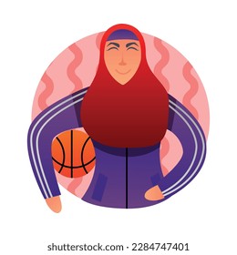 Muslim woman profession flat icon with female sport coach basketballer or physical education teacher vector illustration