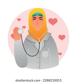 Muslim woman profession flat icon with female doctor holding stethoscope vector illustration