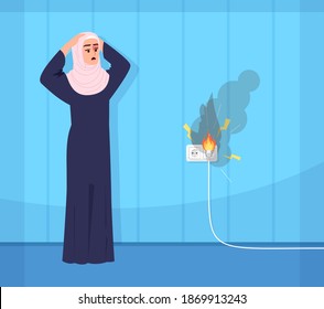 Muslim woman puzzled by damaged cable semi flat illustration. Electrical short circuit. Burning flame. High voltage. Faulty wiring. Household accidents 2D chartoon character for commercial use