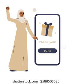 Muslim Woman With Raised Hand Next To Mobile Screen Displaying Thank You Gift. Flat Vector Illustration About Online Shopping Rewards And Digital Gratitude, Isolated On White Background