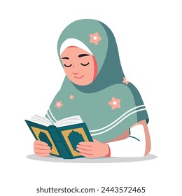 Muslim woman read quran islamic book illustration