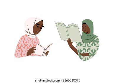 Muslim woman reading a book flat illustration. Female student studying.