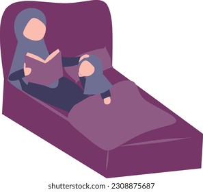 Muslim woman reading a book in a sofa. Isolated flat vector illustration