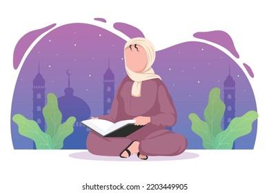 muslim woman reading koran and plants
