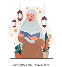 muslim woman reading quran during ramadan illustration