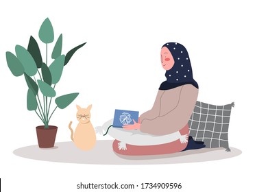Muslim woman reading quran sitting during Ramadan kareem. vector flat illustration of Islam activities