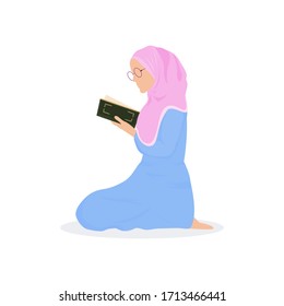 Muslim woman reading from the quran, wearing pink hijab and blue shirt. Sitting and Handling the quran. vector illustration, perfect for additional character on web, brochure, and Ramadhan advertising