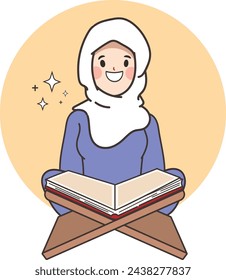Muslim woman reads holy book quran turning to god allah sits in mosque or religious place for prayer. Positive man in hijab studying arabic quran getting islamic traditional education
