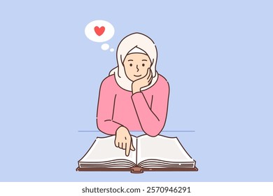 Muslim woman reads quran, leaning on table with holy islamic book, dressed in hijab. Muslim girl studies arabic religious scriptures and literature about prophet muhammad or allah.