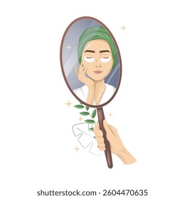 Muslim woman relaxing with eye patches looking in mirror