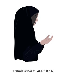  Muslim Woman Rises her hand praying. Muslim woman in the Islamic religion in hijab in black color. She was praying out of respect for God. vector illustration
