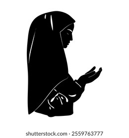 Muslim Woman Rises her hand praying. Muslim woman in the Islamic religion in hijab in black color. She was praying out of respect for God. vector illustration