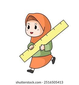 Muslim woman is running while carrying a ruler. back to school