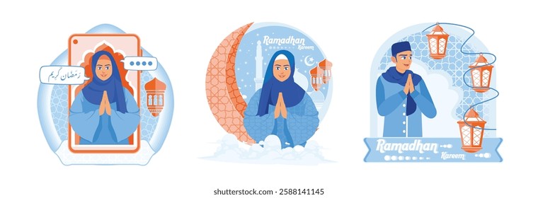 Muslim woman saying Ramadan greetings on the cellphone screen. Decorated with lanterns and a crescent moon. Ramadan Kareem concept. Set flat vector illustration.