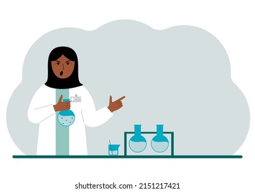 Muslim woman scientist with flasks. Experimental scientist, laboratory assistant, biochemistry, chemical, scientific research.