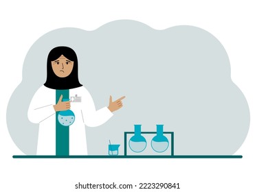 Muslim woman scientist with flasks. Experimental scientist, laboratory assistant, biochemistry, chemical, scientific research. Vector flat illustration for banner, advertisement or web.