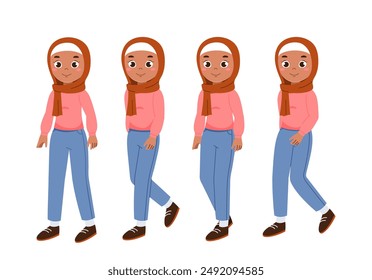 Muslim woman set. Islamic person in hijab. Pack of characters in different viewing angles. Design elements for creating animations. Flat vector collection isolated on white background