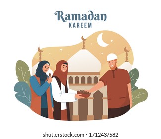 Muslim woman sharing food during iftar. Ramadan kareem flat cartoon character illustration