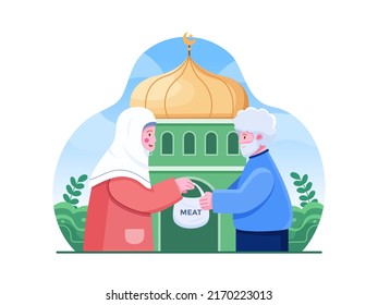 Muslim Woman sharing the meat of the sacrificial animal to poor old man Flat Vector Illustration.
Distributing sacrificial meat 
Suitable for infographic, flyer, web, social media, banner, poster, etc