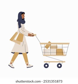 Mujer musulmana con el Carrito de compras en la Ilustración vectorial plana que simboliza la compra de comestibles, la experiencia al por menor, y el comportamiento del consumidor, aislado en el fondo blanco.