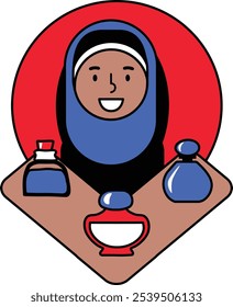 Muslimische Frau, die eine französische Parfüm-Vektorkarikatur kauft. Perfekter Duft aus der exklusiven Parfümerie-Kollektion. Dufttheke in einer renommierten Pariser Parfümerie