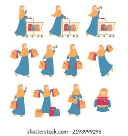 Muslim woman shopping vector illustration set collection