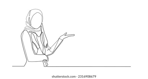 muslim woman showing blank template.advertising background with muslim woman objects.vector continuous line