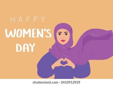 Muslim woman showing sign of heart with their hands. Concept of woman, femininity, diversity, independence and equality. Inspireinclusion. 2024 International Women's Day