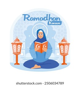 Muslim woman sitting cross-legged near a lantern. Read and study the Koran. Ramadan Kareem concept. Flat vector illustration.