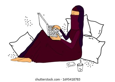The Muslim woman  sitting in the dark outfit works or studies at home.Telephone, laptop,cup coffee, pillows surrounds the girl. Stay home. Home school or working,free time.Doodle,flat.Hand made,vector