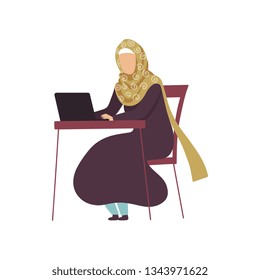 Muslim Woman Sitting at Desk Working with Laptop Computer, Modern Arab Girl in Traditional Clothing Vector Illustration
