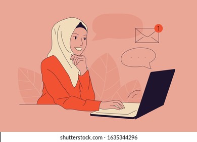 Muslim Woman sitting at laptop and using website for dating or searching for a job on internet. Girl in hijab checks email or chatting with 
people. Flat hand drawn style vector