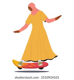 Mujer Musulmana Montando En Monopatín Mientras Usa Un Hijab Y Un Vestido Colorido. La Imagen Representa El Estilo De Vida Activo, La Diversidad Y La Alegría Del Skateboarding, Perfecto Para Los Conceptos De Libertad, Estilo De Vida Y Cultura