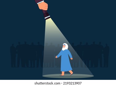 Muslim woman standing in spotlight in front of crowd. Hand pointing flashlight at Arab girl flat vector illustration. Career, employment, recruitment concept for banner, website design or landing