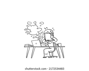 muslim woman stressed because damaged laptop. Concept of burnout. Cartoon vector illustration design