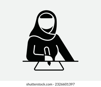 Muslim Woman Student Icon. Islam Islamic Conservative Hijab Arab Arabic Arabian Lady Girl Write Learn. Religion Black White Symbol Sign Vector EPS