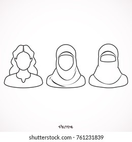 muslim Woman  stylized vector symbol. Icon Isolated on White Background. Flat style.